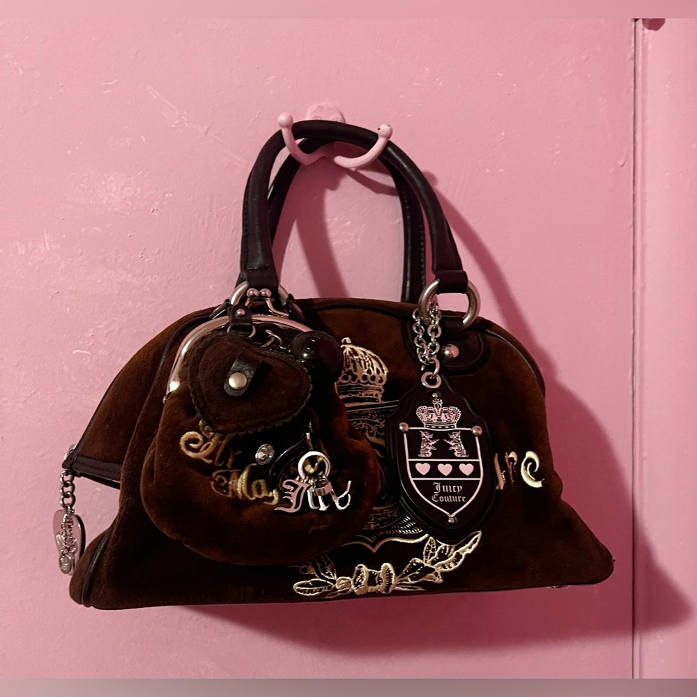 Vintage Juicy Couture Dark Brown Velour Bag Embroidered Purse Handbag